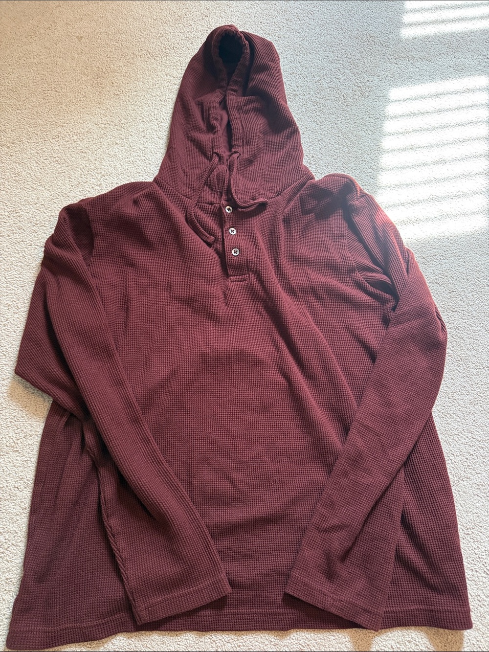 Men's Burgundy Hooded Waffle-Knit Henley Shirt